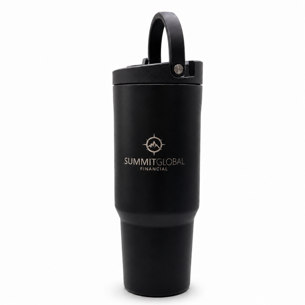 Summit Global Financial 30 oz travel mug — carry-strap lid