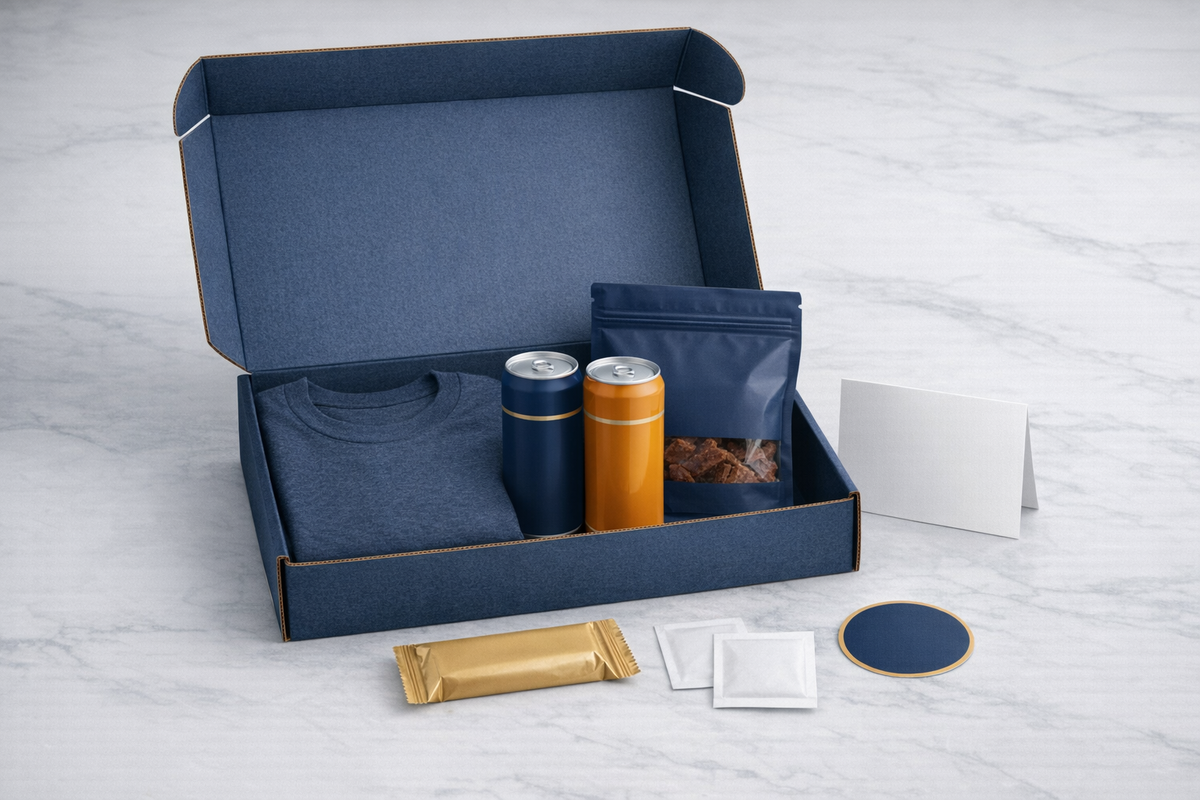 Sample Quarterly Summit Box: T-shirt, energy drinks, jerky, protein bar, hand warmers, sticker and card