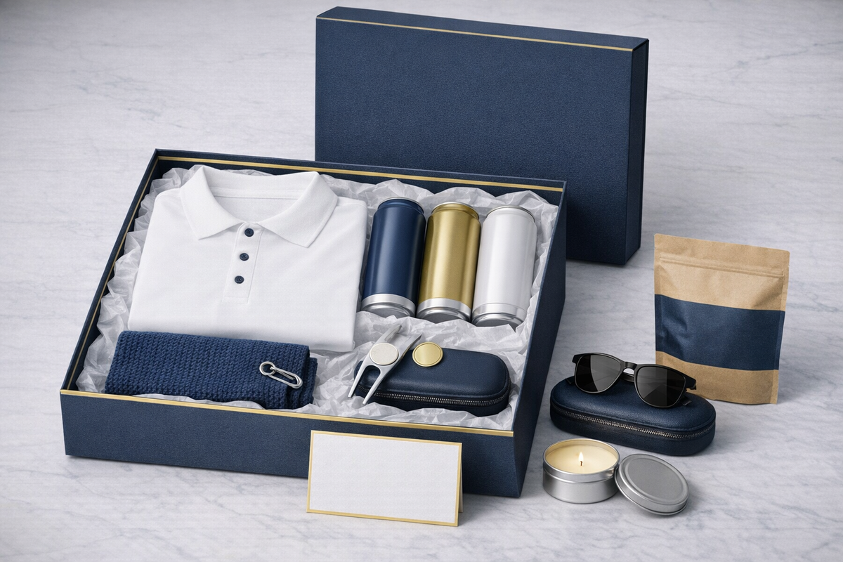 Sample Quarterly Summit Box Premium: polo, energy drinks, golf towel, divot tool, sunglasses, jerky, candle and card