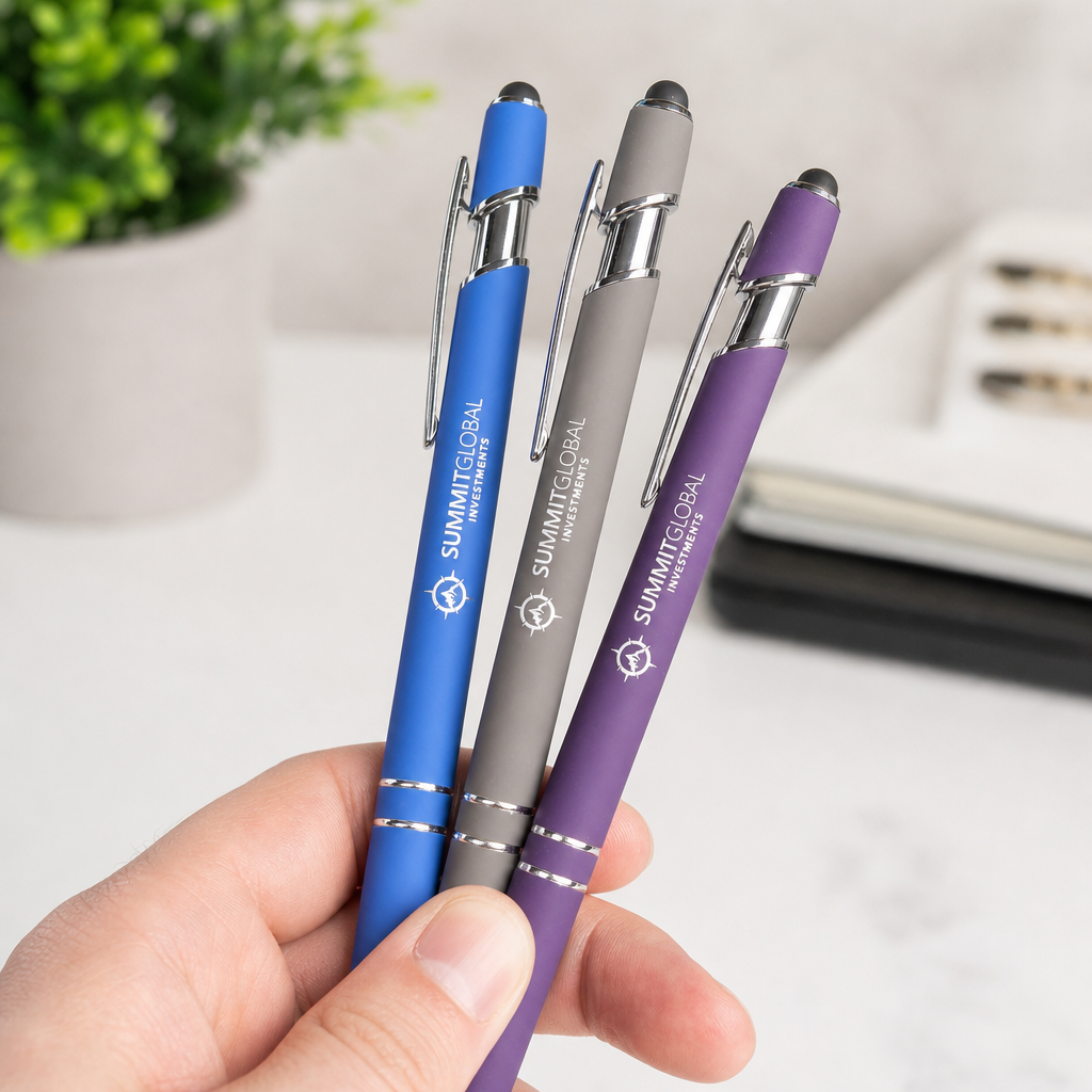 Summit Global Investments logo pens in hand — blue, gray, and purple