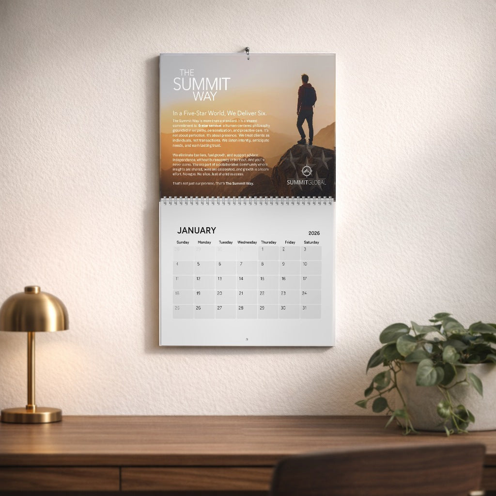 Summit Global 2026 wall calendar in a home office